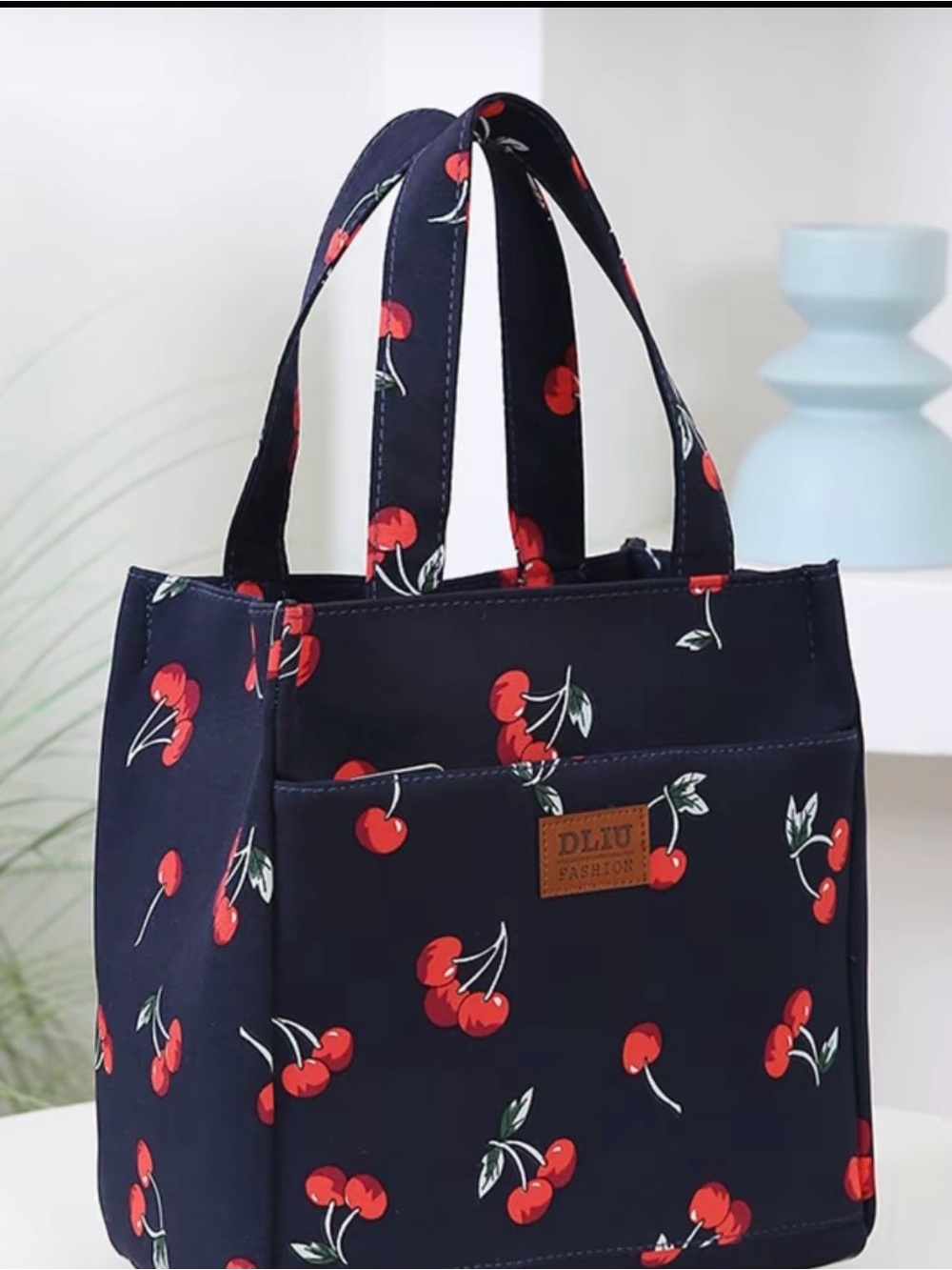 Navy Blue Cherry Print Tote Insulated Lunch Box Purse Bag